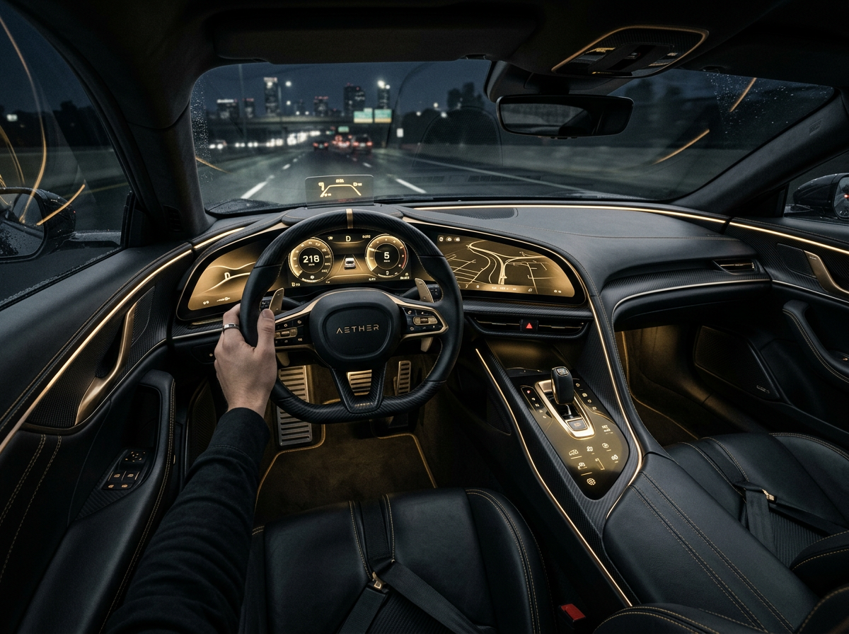 Stealth black cockpit with champagne gold organic LED interface